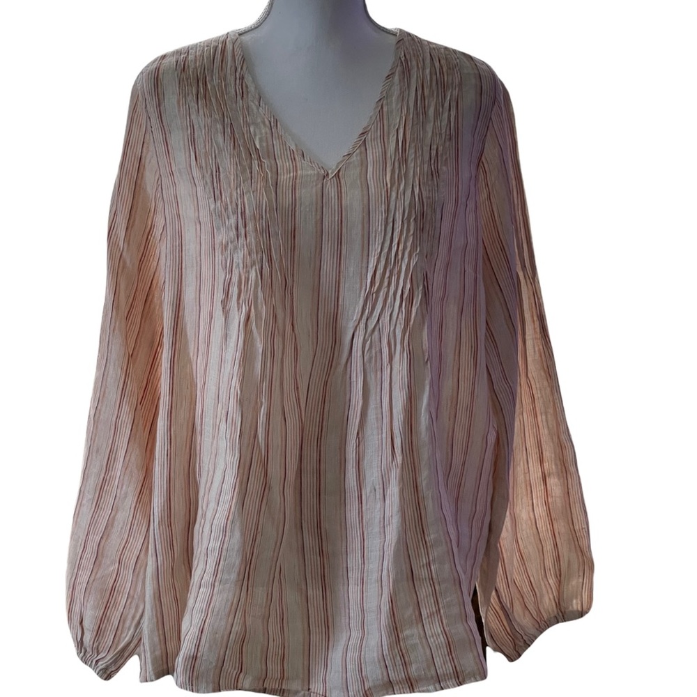Sundance linen top Boho style Lg brown on cream stripes